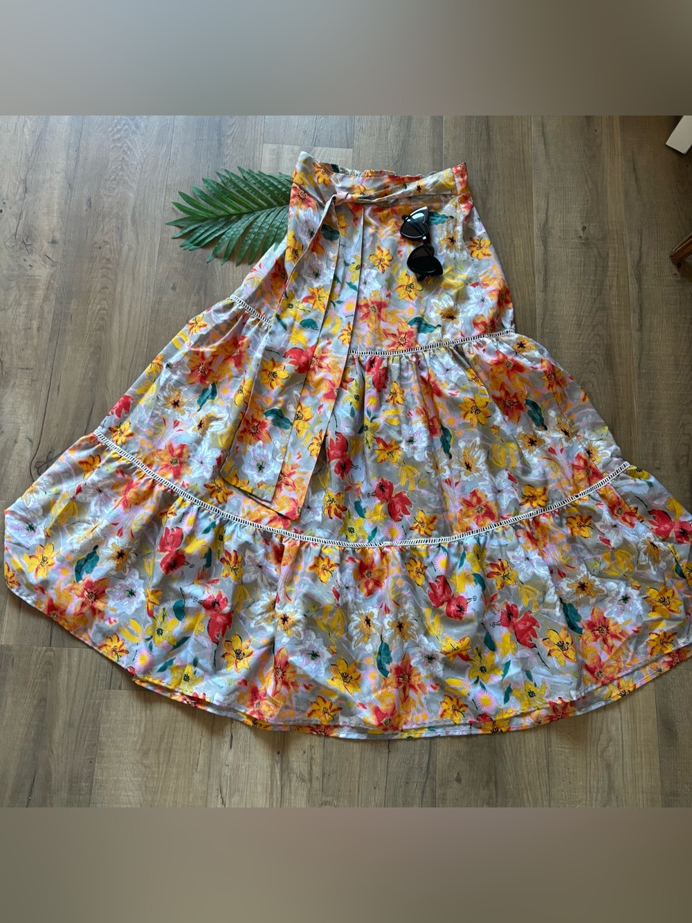Floral Tiered Maxi Skirt with Tie-Waist in Yellow & Coral